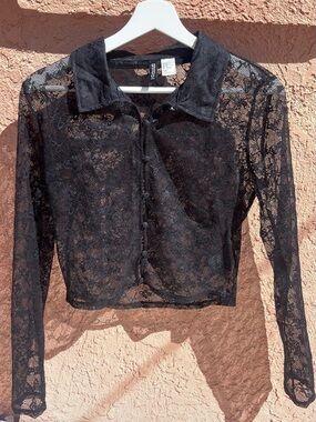 H&M Black Sheer Lace Long-Sleeve Collared Button Crop Top
